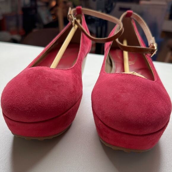 Tod's Deep Pink Suede Ankle Strap Ballerina Style Round Toe Wedge Shoes 38 / 8 - Picture 12 of 13
